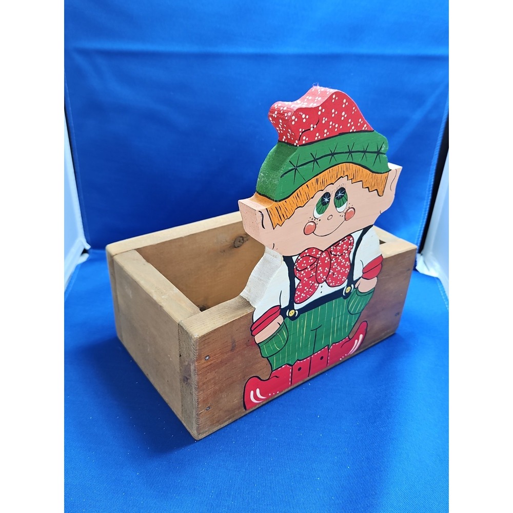 Wood Elf Christmas Card Box Folk Art Handcrafted Hand Painted Kitsch Vintage 9" - Picture 2 of 11